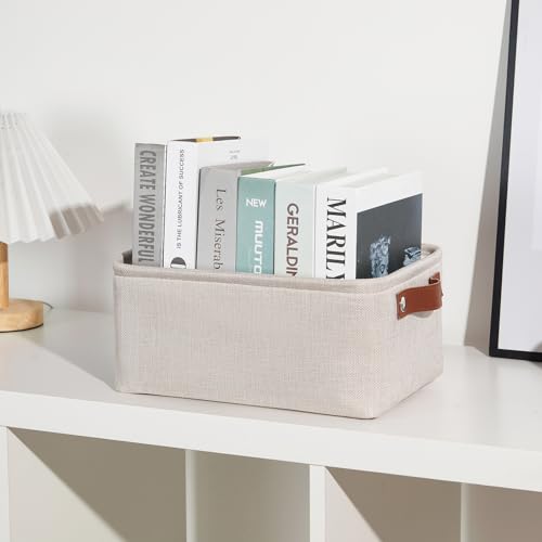 DULLEMELO Small Storage Basket for Shelves, Small Fabric Collapsible Rectangular Storage Bin for Shelves, Closets, Nursery, Home, Office, Empty Gift Basket (Beige) - Image 3