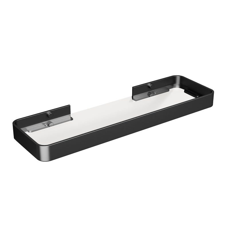 Danpoo 16-Inch Wall Shelf, Clear Tempered Glass with Matte Black Aluminum Frame â€“ Sleek Floating Bathroom Organizer - Image 1