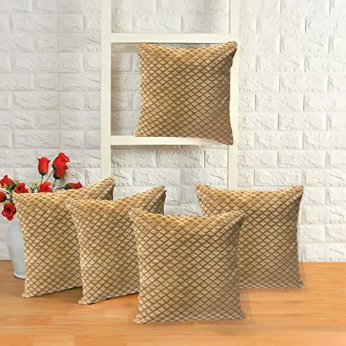 IM FAB ® Beige Velvet Self Check Design Cushion Cover,Set of 5 pcs (16 X 16 inchs or 40 x 40 cm) - Image 1