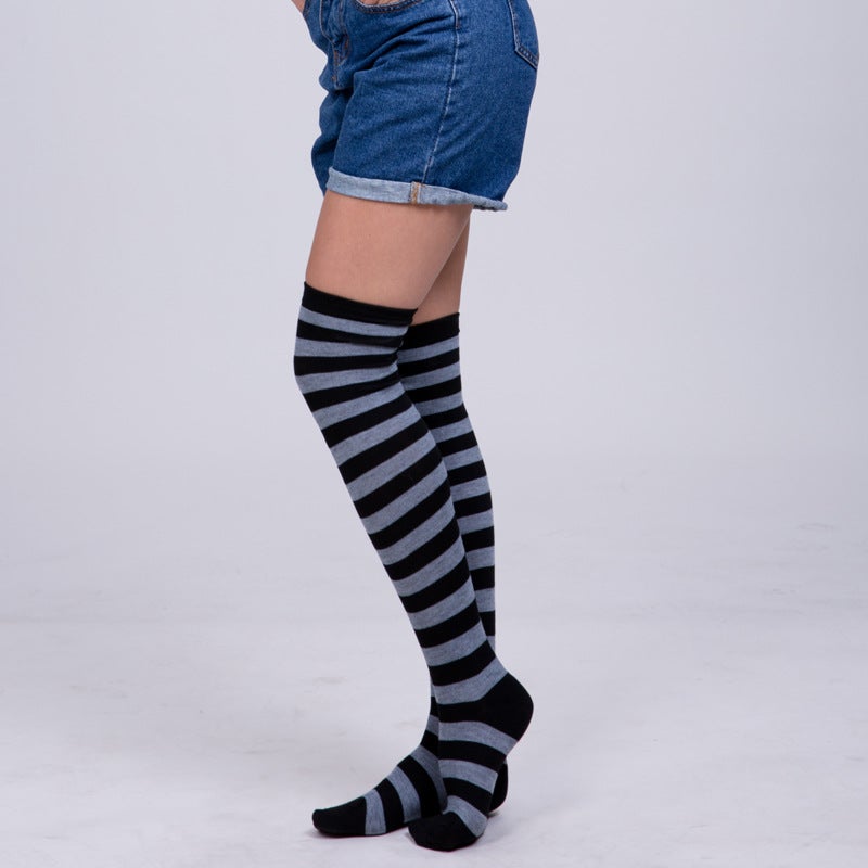 Rainbow Over-Knee Socks Women Halloween Stripe Light Blue - Image 4