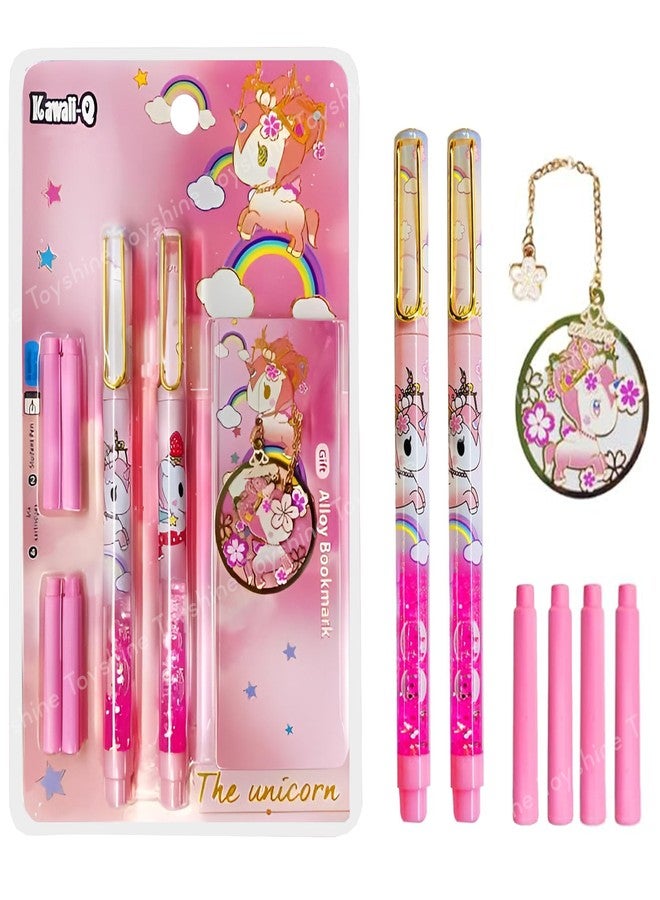 Toyshine Unicorn Glittery Fountain Pen Set with 4 Refills & Unicorn Bookmark School Office Birthday Return Gift Party Favor Stationery Items For Kids Girls Boys - Pink - Image 1