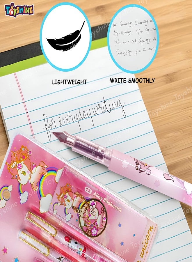 Toyshine Unicorn Glittery Fountain Pen Set with 4 Refills & Unicorn Bookmark School Office Birthday Return Gift Party Favor Stationery Items For Kids Girls Boys - Pink - Image 3