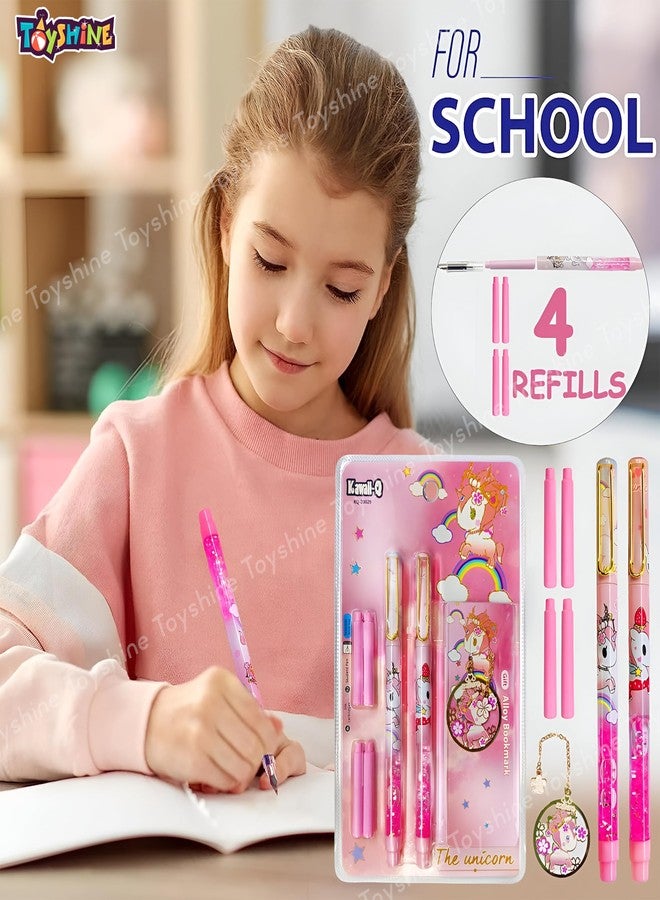 Toyshine Unicorn Glittery Fountain Pen Set with 4 Refills & Unicorn Bookmark School Office Birthday Return Gift Party Favor Stationery Items For Kids Girls Boys - Pink - Image 2