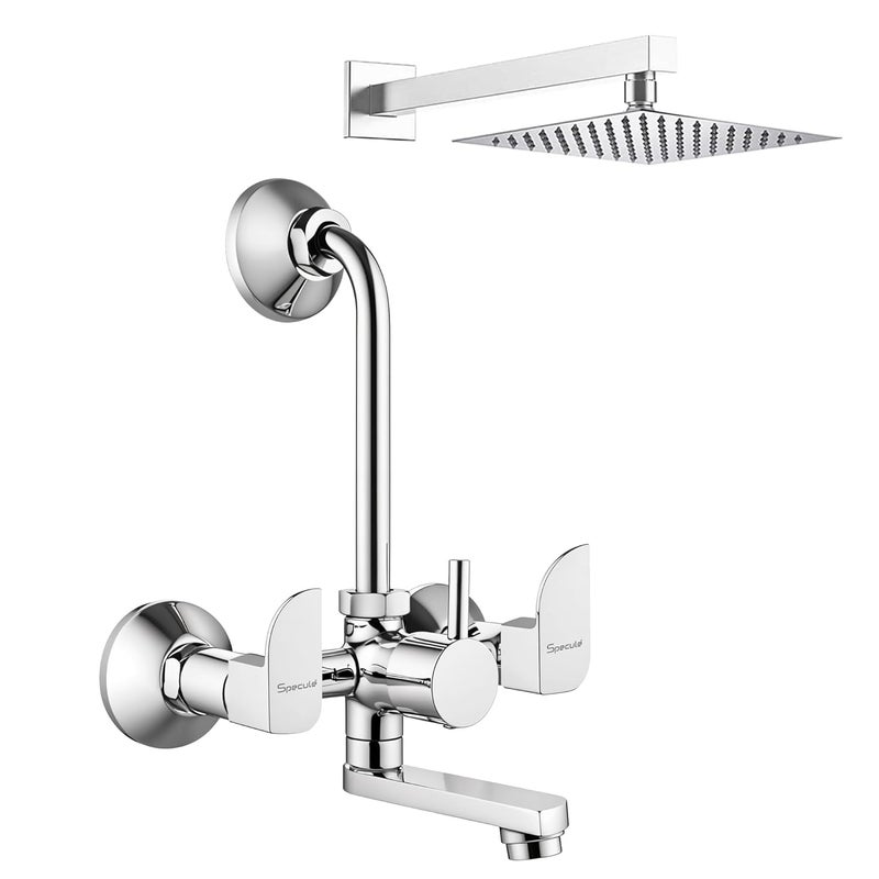 Specule Alive Pure Brass 2 in 1 Wall Mixer with 190mm Bend Pipe 6x6 Overhead Shower Set and Brass Wall Flange Mixer tap for Bathroom Bathroom Mixer Set Wall Mixture Mirror Chrome - Image 1