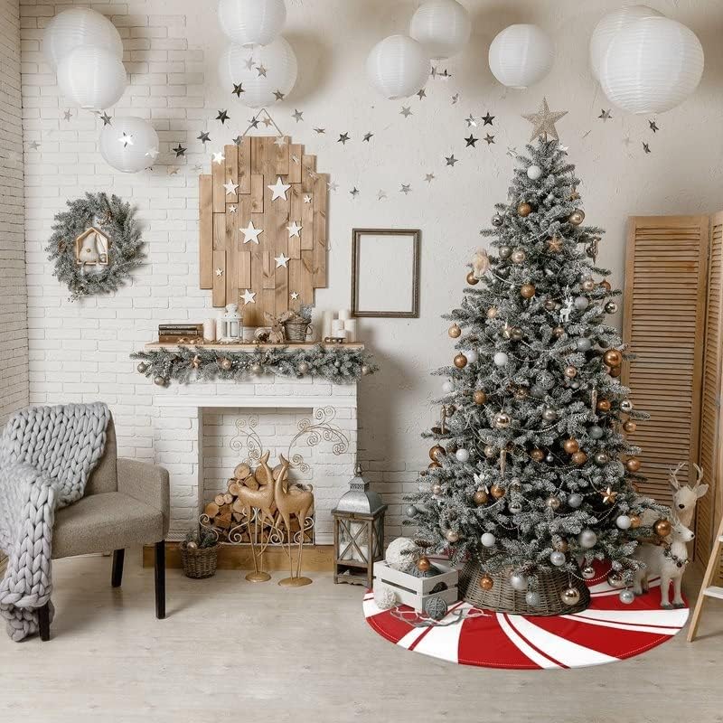 AJIIUSV 48 Inch Red Swirl Christmas Tree Skirt Sweet Candy Cane Red and White Ornaments Home Party Decoration - Image 2