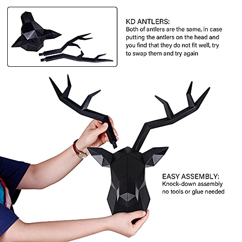 Keygift Deer Head Wall Decor Geometrical Black Deer Antlers Wall Sculpture Faux Taxidermy Resin Wall Animal Head 19x7x17 Inches - Image 3