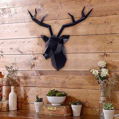 Keygift Deer Head Wall Decor Geometrical Black Deer Antlers Wall Sculpture Faux Taxidermy Resin Wall Animal Head 19x7x17 Inches - Image 4