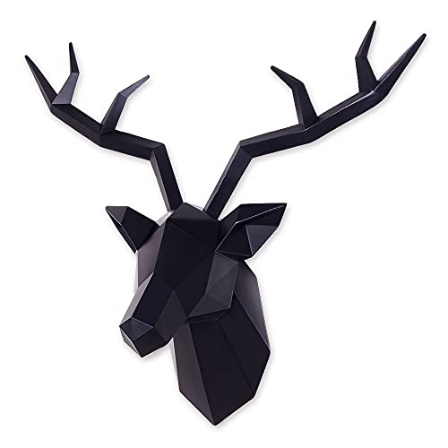Keygift Deer Head Wall Decor Geometrical Black Deer Antlers Wall Sculpture Faux Taxidermy Resin Wall Animal Head 19x7x17 Inches - Image 1