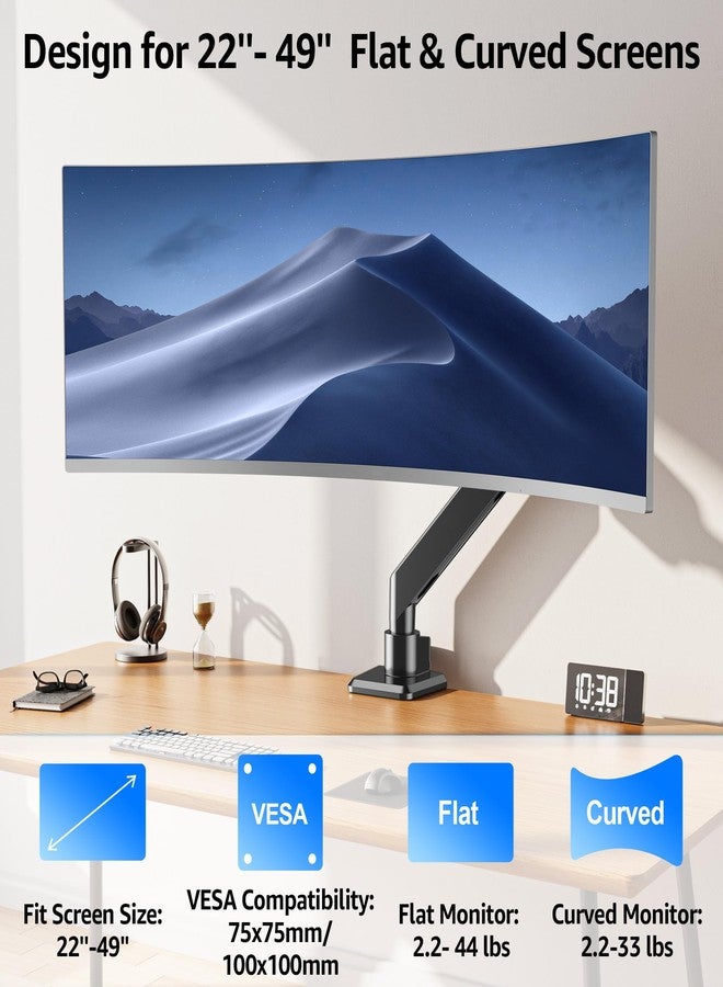 MOUNTUP حامل شاشة MOUNTUP شديد التحمل للشاشات المنحنية حتى 49 بوصة ووزن 44 رطلاً، حامل مكتبي لشاشة واحدة عريضة للغاية، حامل شاشات متوافق مع سامسونج أوديسي G9 وغيرها، حامل VESA بقاعدة مشبك وحلقة تثبيت - Image 2