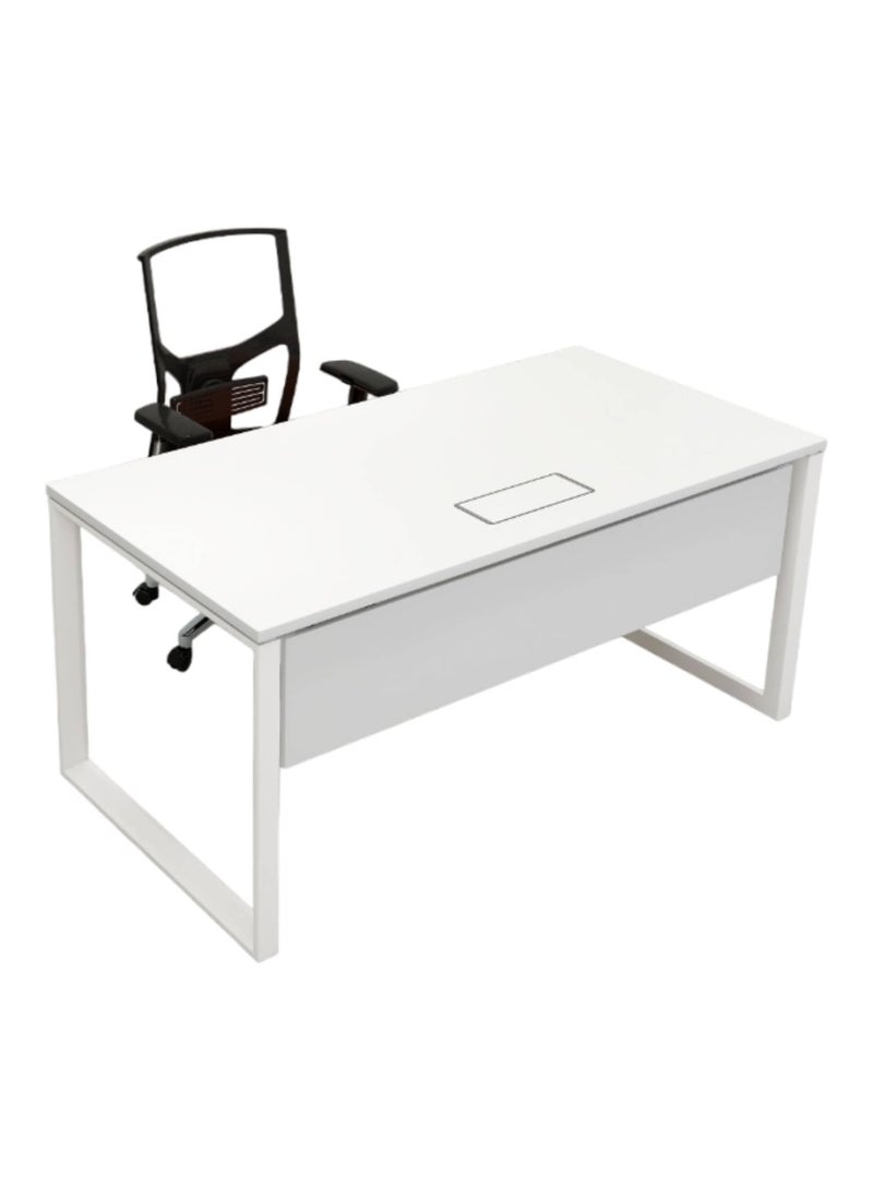 Kaliber Opera Straight Desk with 25mm Melamine Worktop, White Powder Coated Metal O-Type Sharing Legs, Modesty Panel, Grommets, Wire Box, Perfect for Home Office - Image 1