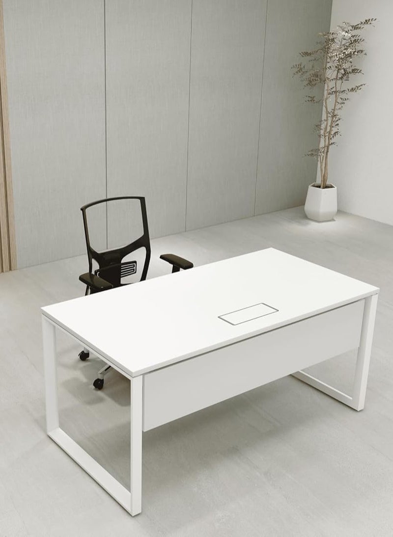 Kaliber Opera Straight Desk with 25mm Melamine Worktop, White Powder Coated Metal O-Type Sharing Legs, Modesty Panel, Grommets, Wire Box, Perfect for Home Office - Image 2