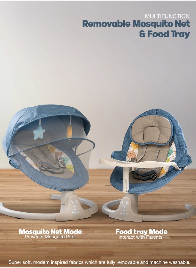 بيبي - مهد أرجوحة كهربائي أوتوماتيكي للأطفال من Lullabies مع سرعة تأرجح قابلة للتعديل، واستلقاء، وبلوتوث وموسيقى | كرسي هزاز للأطفال مع ناموسية وحزام أمان وألعاب أرجوحة هزازة للأطفال باللون الأزرق الفاتح - Image 1