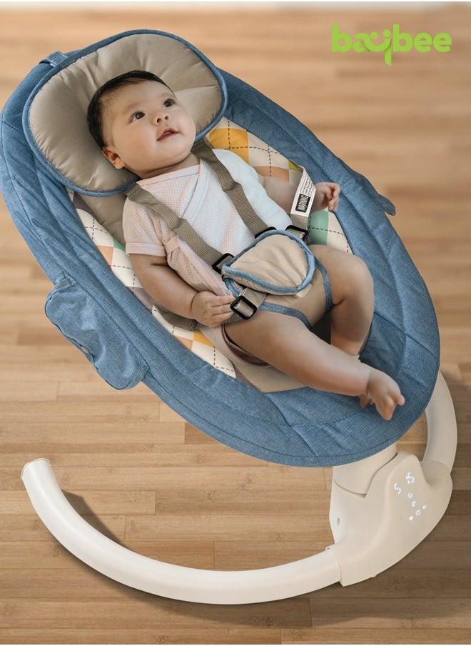 بيبي - مهد أرجوحة كهربائي أوتوماتيكي للأطفال من Lullabies مع سرعة تأرجح قابلة للتعديل، واستلقاء، وبلوتوث وموسيقى | كرسي هزاز للأطفال مع ناموسية وحزام أمان وألعاب أرجوحة هزازة للأطفال باللون الأزرق الفاتح - Image 1