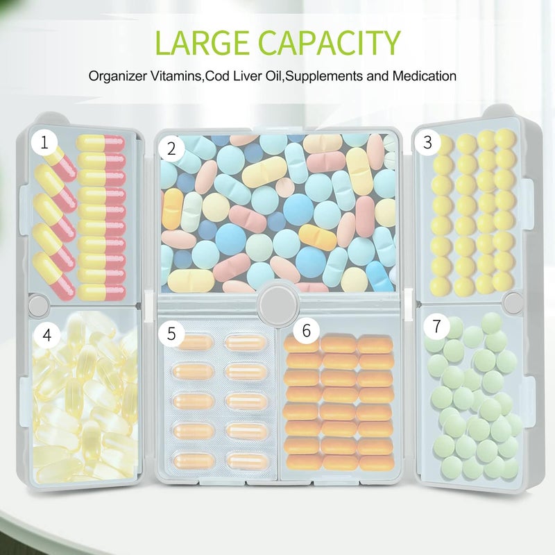 FYY 7 Day Pill Organiser, Travel Tablet Box, Large [Foldable Design] Weekly Medication Case, Portable Daily Supplements Storage Organizer for Vitamins, Cod Liver Oil-Grey - Image 2