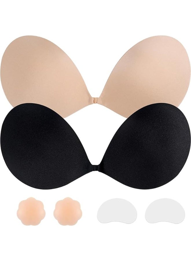 Adhesive Push Up Sticky Bra 2 Pairs Strapless Bra Invisible Backless Silicone Bra with Nipple Covers for Women C- Black Nude - Image 1