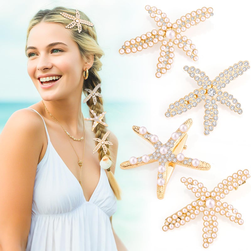 obeoby 4Pcs Pearls Hair Clips, Rhinestone Starfish Hair Clips Fashion Beach Accessories Gifts for Women Girls - Image 1