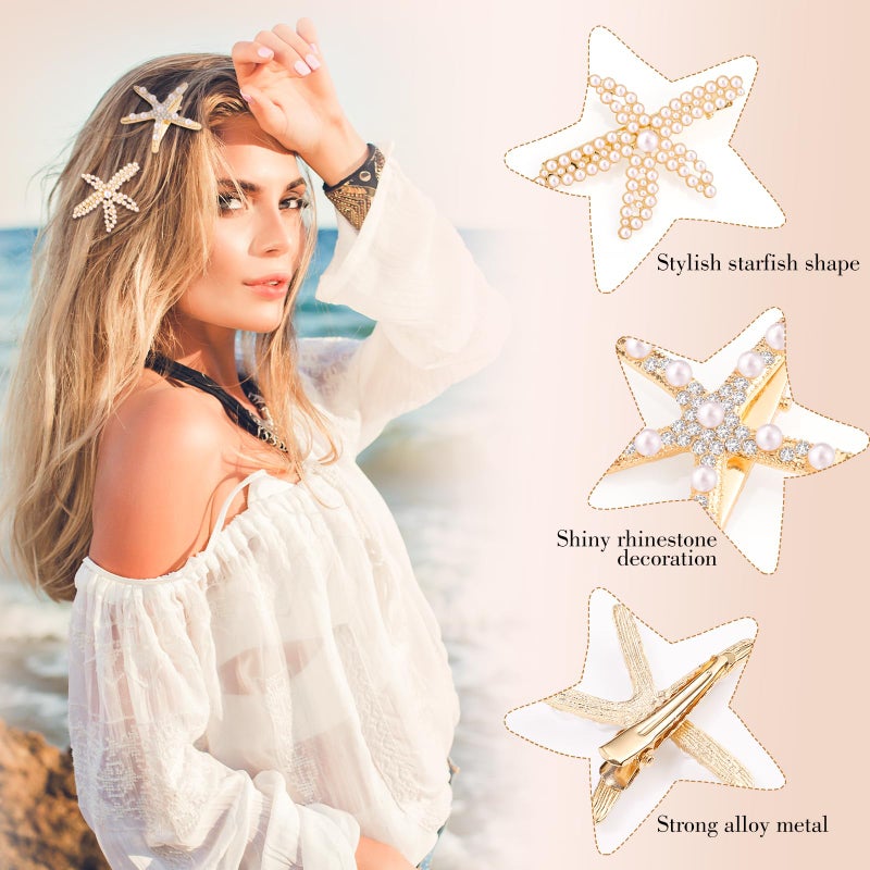 obeoby 4Pcs Pearls Hair Clips, Rhinestone Starfish Hair Clips Fashion Beach Accessories Gifts for Women Girls - Image 3