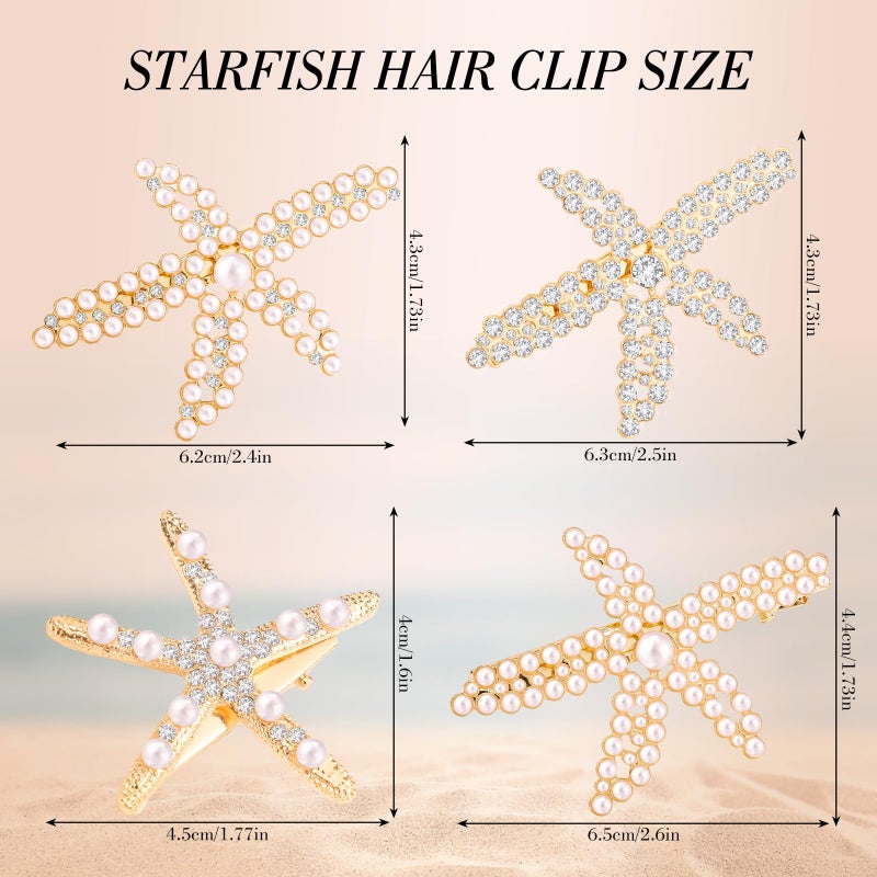 obeoby 4Pcs Pearls Hair Clips, Rhinestone Starfish Hair Clips Fashion Beach Accessories Gifts for Women Girls - Image 2