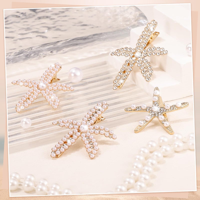 obeoby 4Pcs Pearls Hair Clips, Rhinestone Starfish Hair Clips Fashion Beach Accessories Gifts for Women Girls - Image 4