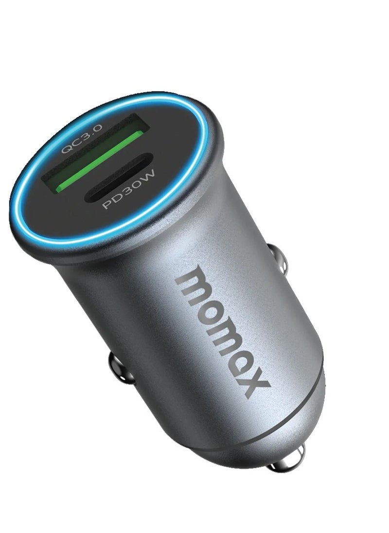 Momax - MOMAX UC18E MoVe 30W Dual-Port Fast Car Charger – USB-C & USB-A, Compact & Durable, High-Speed Charging for iPhone, Samsung, iPad, and More – Grey - Image 1