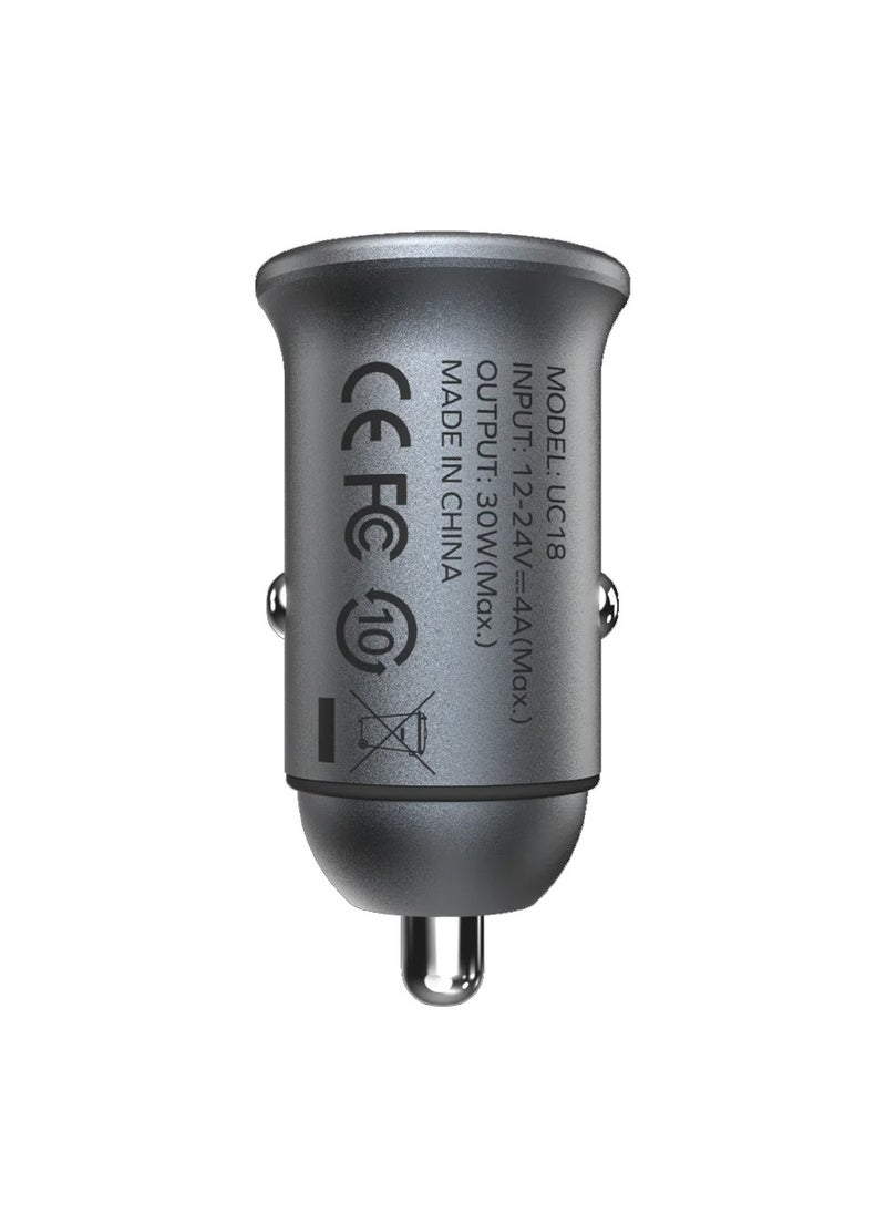 Momax - MOMAX UC18E MoVe 30W Dual-Port Fast Car Charger – USB-C & USB-A, Compact & Durable, High-Speed Charging for iPhone, Samsung, iPad, and More – Grey - Image 1