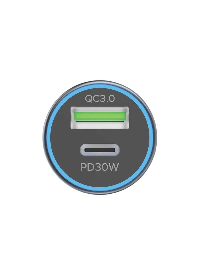 Momax - MOMAX UC18E MoVe 30W Dual-Port Fast Car Charger – USB-C & USB-A, Compact & Durable, High-Speed Charging for iPhone, Samsung, iPad, and More – Grey - Image 1
