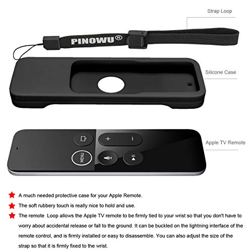 Pinowu Silicone Case for Apple TV 4K/4th Gen Remote, Lightweight Anti-Slip & Secure Protective Cover for Apple TV 4K Siri Remote Controller with Hooks - Black - Image 3