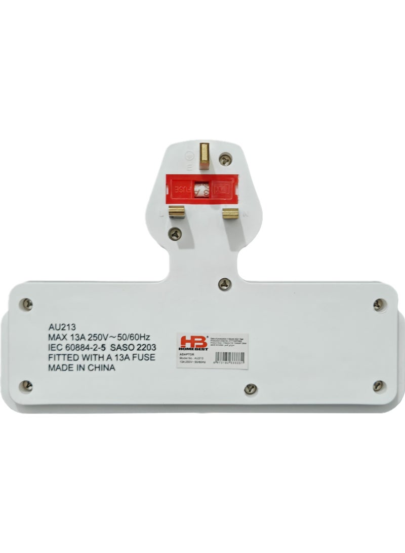 هوم بيست محول طاقة متعدد المخارج مع حماية من ارتفاع الجهد، بمقبس بريطاني 13 أمبير، مناسب للاستخدام في المنزل، المطبخ، المكتب، والسفر، من Homebest AU213 (أبيض)، معتمد من SASO - Image 2