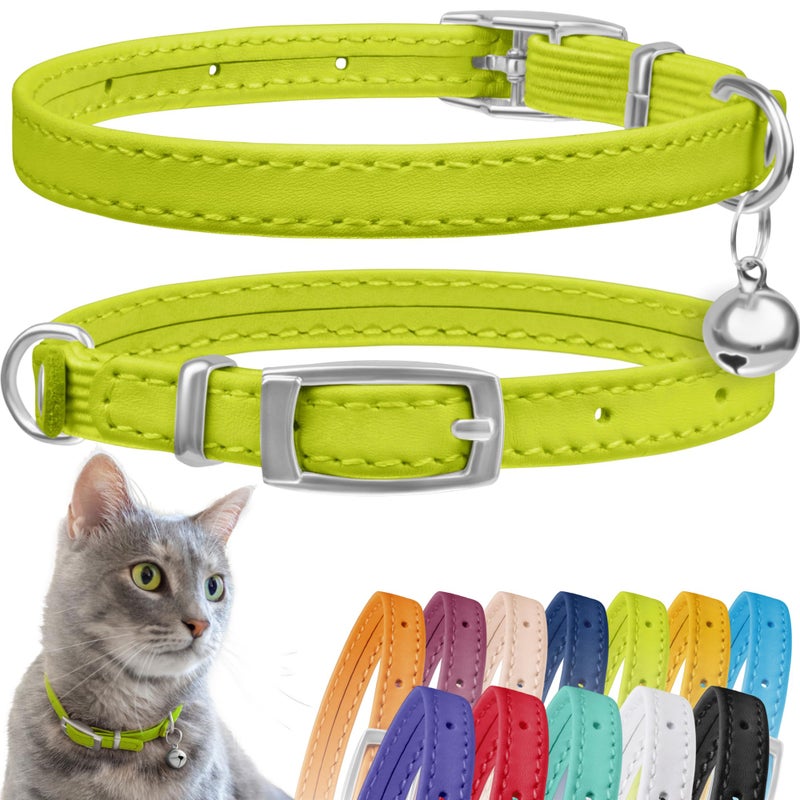 CollarDirect Leather Cat Collar with Bell - Kitten Collar, Small and Big Cat Collar for Boy Cats, Girl Cats with Safety Elastic Strap (Neck Fit 8"-11", Lime Green) - Image 1