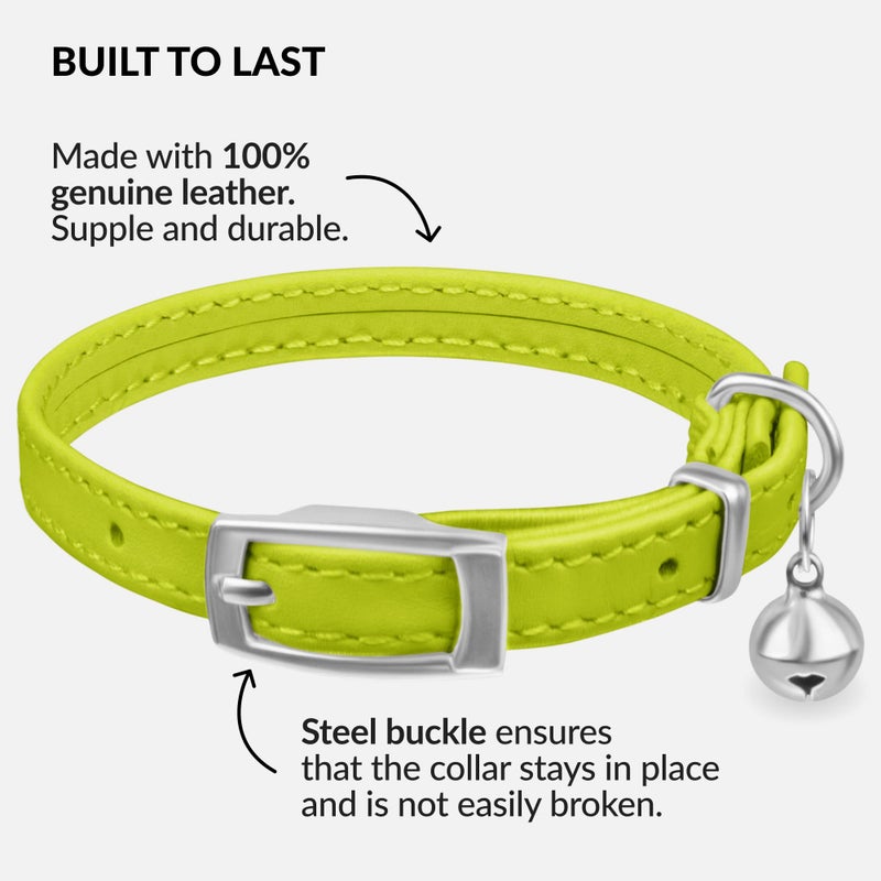 CollarDirect Leather Cat Collar with Bell - Kitten Collar, Small and Big Cat Collar for Boy Cats, Girl Cats with Safety Elastic Strap (Neck Fit 8"-11", Lime Green) - Image 2