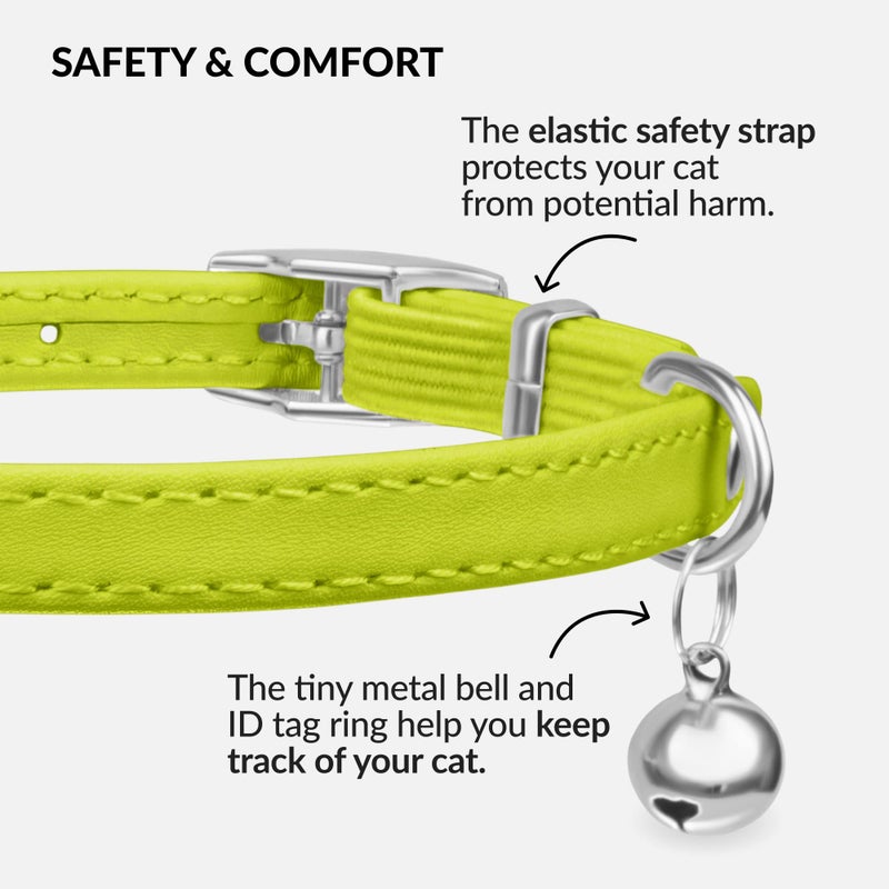 CollarDirect Leather Cat Collar with Bell - Kitten Collar, Small and Big Cat Collar for Boy Cats, Girl Cats with Safety Elastic Strap (Neck Fit 8"-11", Lime Green) - Image 3