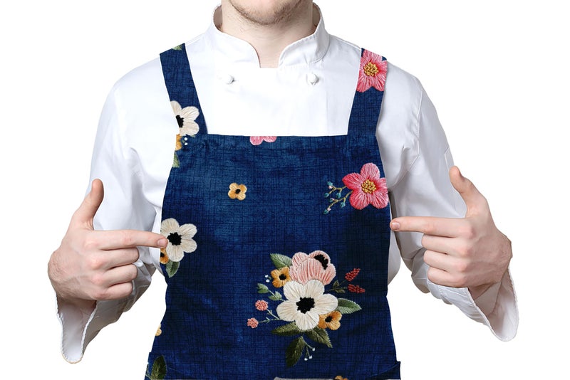Ultimate Trends Digital Printed Designer Embroidery Patterns Kitchen Aprons With Long Life Fabrics (1, Blue) - Image 3