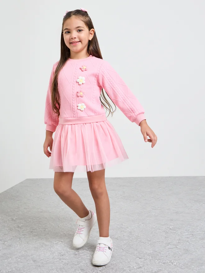 Styli Styli Girls Jacquard Flower Patch Tulle Dress