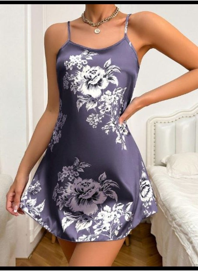 Shein Silk Satin Floral Printed Camisole Sleepwear Dress  - Image 1