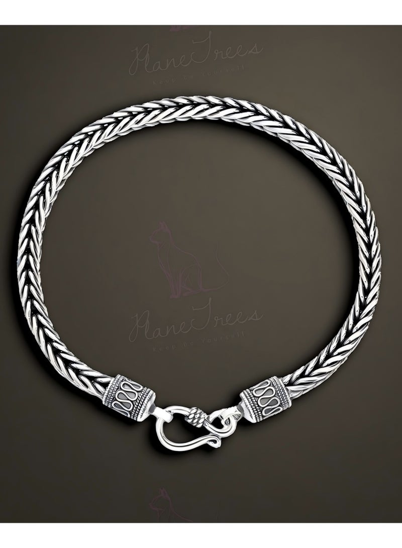 Plane Trees Men's 925 Sterling Silver Woven Chain Bracelet – Vintage Oxidized Thai Silver Style, Adjustable Hook Clasp - Image 1