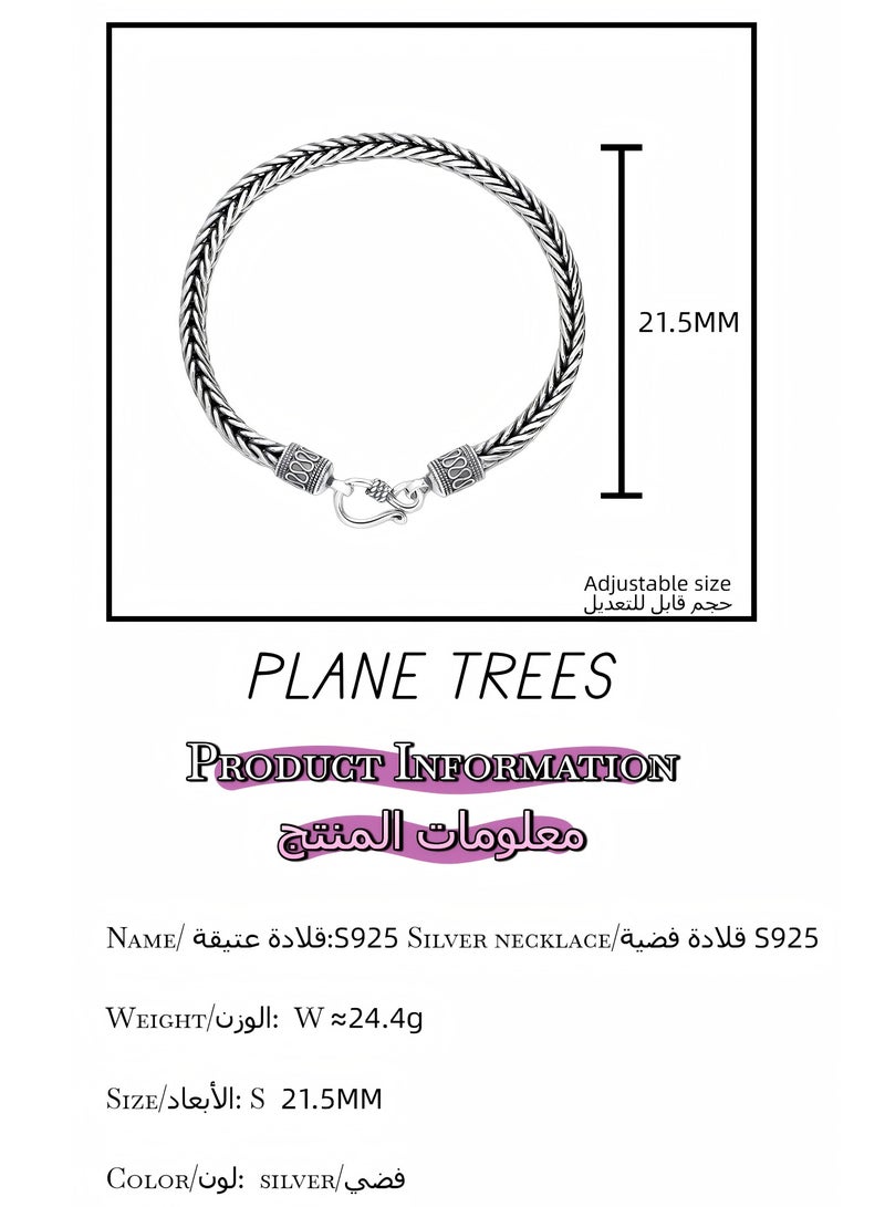 Plane Trees Men's 925 Sterling Silver Woven Chain Bracelet – Vintage Oxidized Thai Silver Style, Adjustable Hook Clasp - Image 3