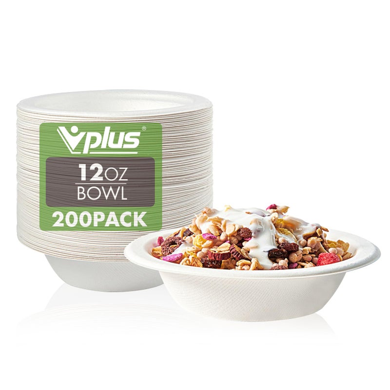 Vplus 200 Pack 12 OZ Paper Bowls Disposable Compostable Bulk Ecofriendly Bagasse Heavyduty Bowls Perfect for Milk Cereals Snacks Salads - Image 3