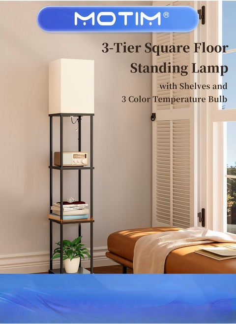 Floor Lamp with Shelves 3-Tier Modern Square Floor Standing Lamp with 3 Color Temperature Bulb Corner Display Bookshelf Lamp for Living Room Bedroom Office