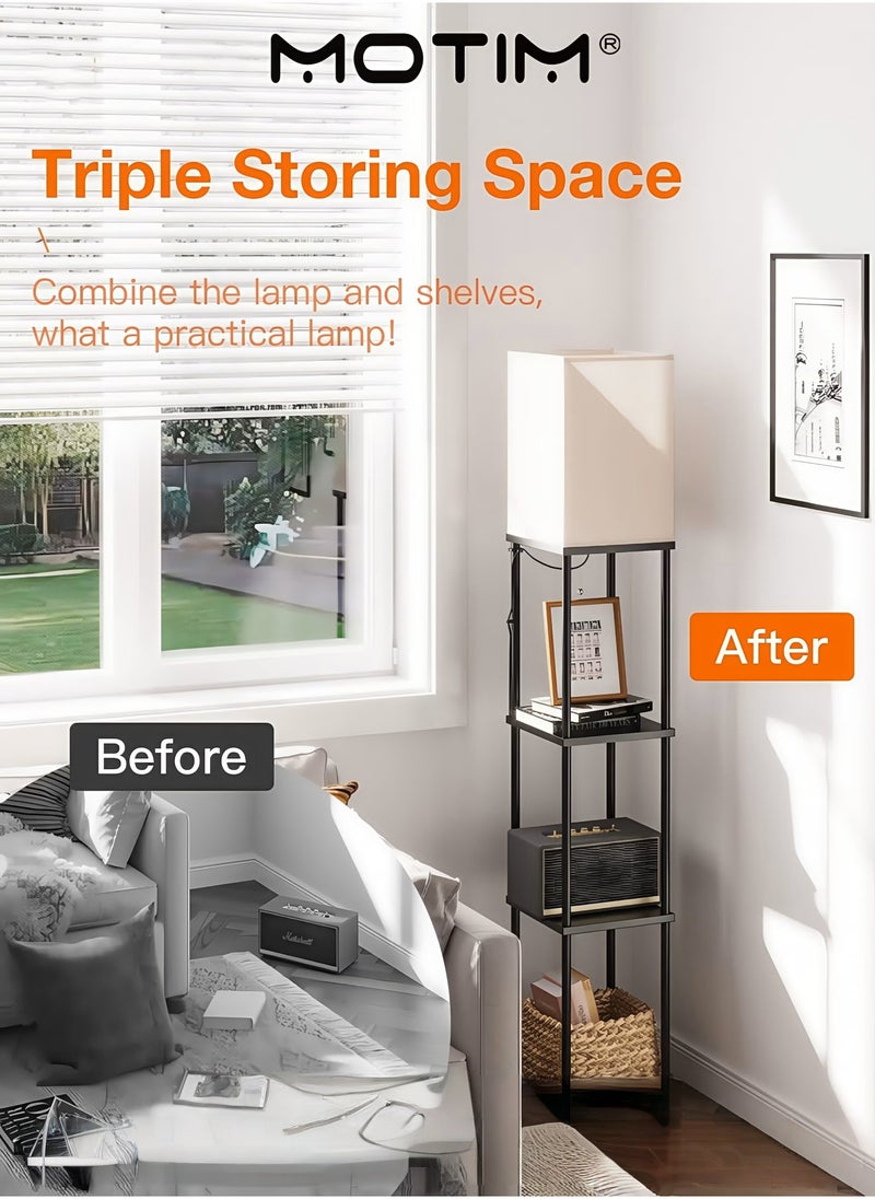 موتيم مصباح أرضي مع رفوف مصباح أرضي مربع عصري 3 طبقات مع مصباح بدرجات حرارة لونية مختلفة رف عرض للكتب للمكتب وغرفة المعيشة - Image 4