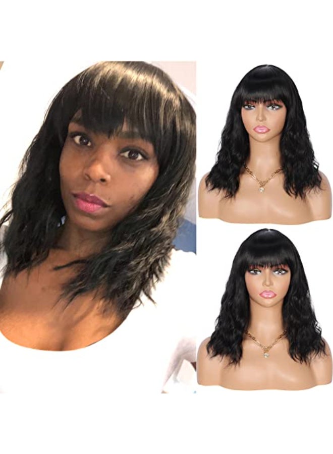 Kalyss 14 Synthetic Wig with Hair Bangs Short Wavy Curly Wig for Women Natural Looking and Heat Resistant Full Head Hair Replacement Wig for Daily Wear or Costume Wigs - Image 1