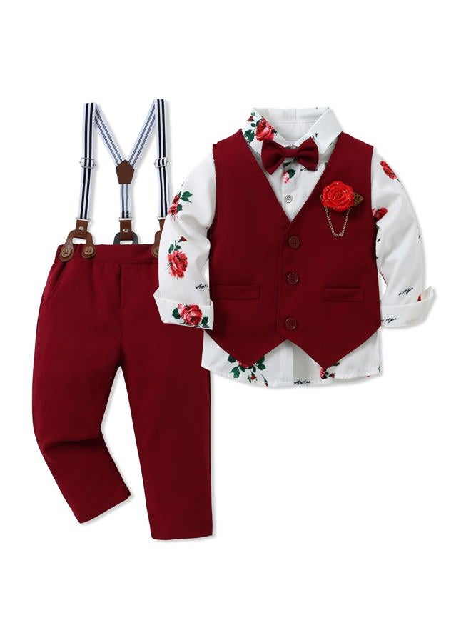WESIDOM Toddler Boy Clothes Suit, Formal Dress Shirt with Bowtie+Vest+Boutonniere+Suspender Pants Gentleman Outfits Set, Red, 18 Months - Image 1