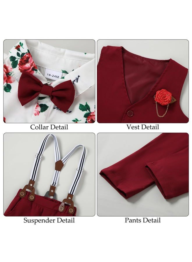 WESIDOM Toddler Boy Clothes Suit, Formal Dress Shirt with Bowtie+Vest+Boutonniere+Suspender Pants Gentleman Outfits Set, Red, 18 Months - Image 5
