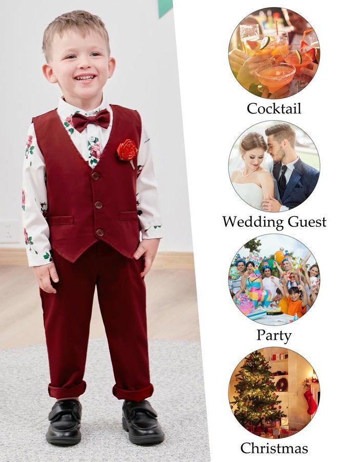 WESIDOM Toddler Boy Clothes Suit, Formal Dress Shirt with Bowtie+Vest+Boutonniere+Suspender Pants Gentleman Outfits Set, Red, 18 Months - Image 2