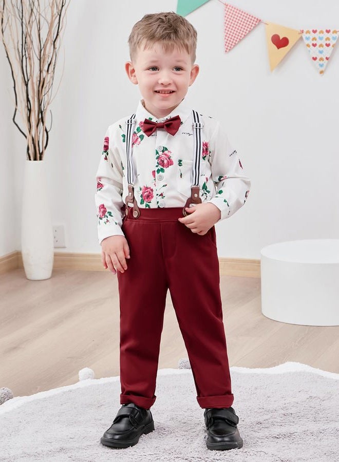 WESIDOM Toddler Boy Clothes Suit, Formal Dress Shirt with Bowtie+Vest+Boutonniere+Suspender Pants Gentleman Outfits Set, Red, 18 Months - Image 3