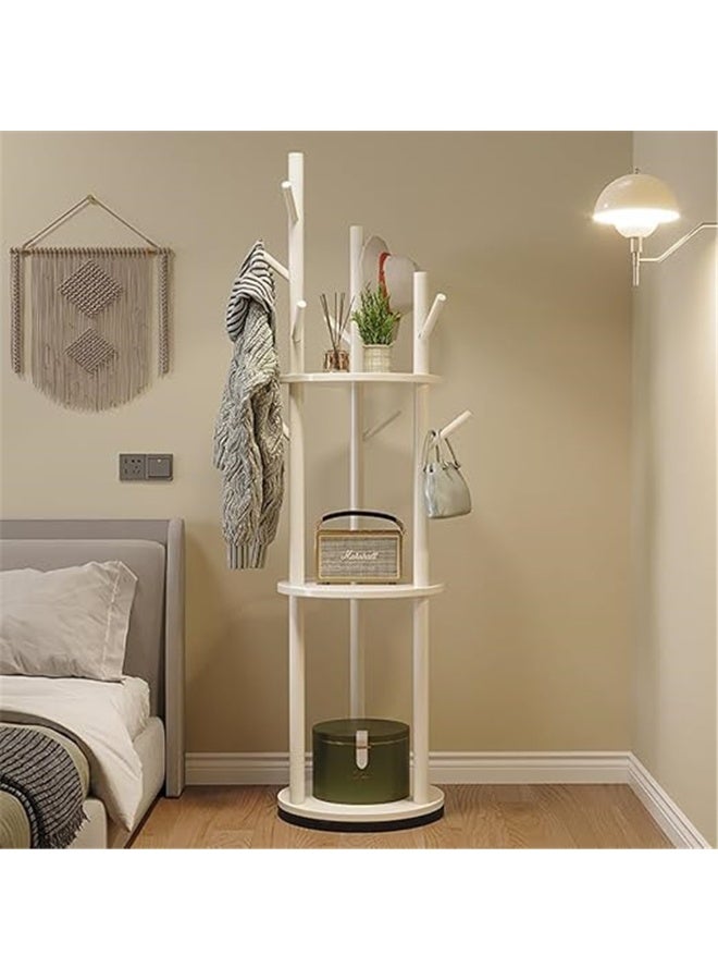 Rotary Coat Rack, Wooden Coat Tree with 9 hooks & 3 Storage Shelves, Entry Hall Tree Multifunctional Coat Stand  for Coats Scarves Handbags Hat, 40*40*164cm (White) - Image 1