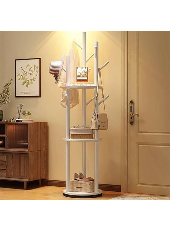 Rotary Coat Rack, Wooden Coat Tree with 9 hooks & 3 Storage Shelves, Entry Hall Tree Multifunctional Coat Stand  for Coats Scarves Handbags Hat, 40*40*164cm (White) - Image 2