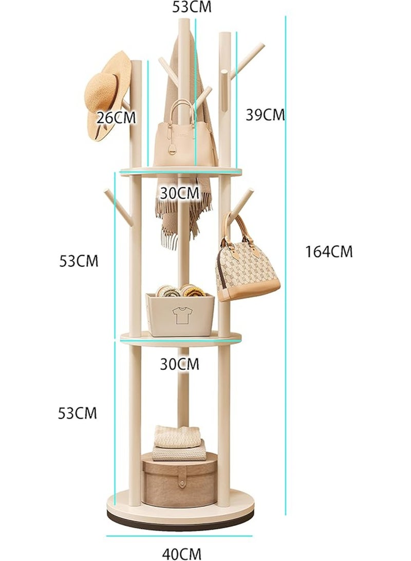 Rotary Coat Rack, Wooden Coat Tree with 9 hooks & 3 Storage Shelves, Entry Hall Tree Multifunctional Coat Stand  for Coats Scarves Handbags Hat, 40*40*164cm (White) - Image 4
