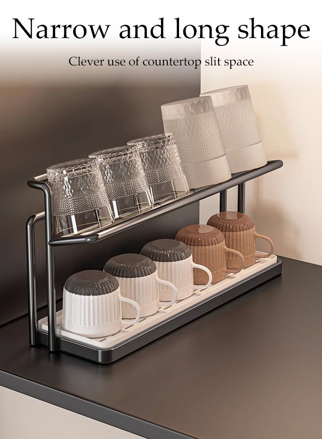 DUNISO رف تخزين الأكواب ذو الطبقتين حامل تجفيف الأكواب مع صينية تصريف قابلة للإزالة رف تخزين متعدد الوظائف محطة بار القهوة منظم سطح الطاولة للمطبخ لصواني المياه وأكواب القهوة والأكواب الزجاجية والأوعية وحامل جرة التوابل - Image 5