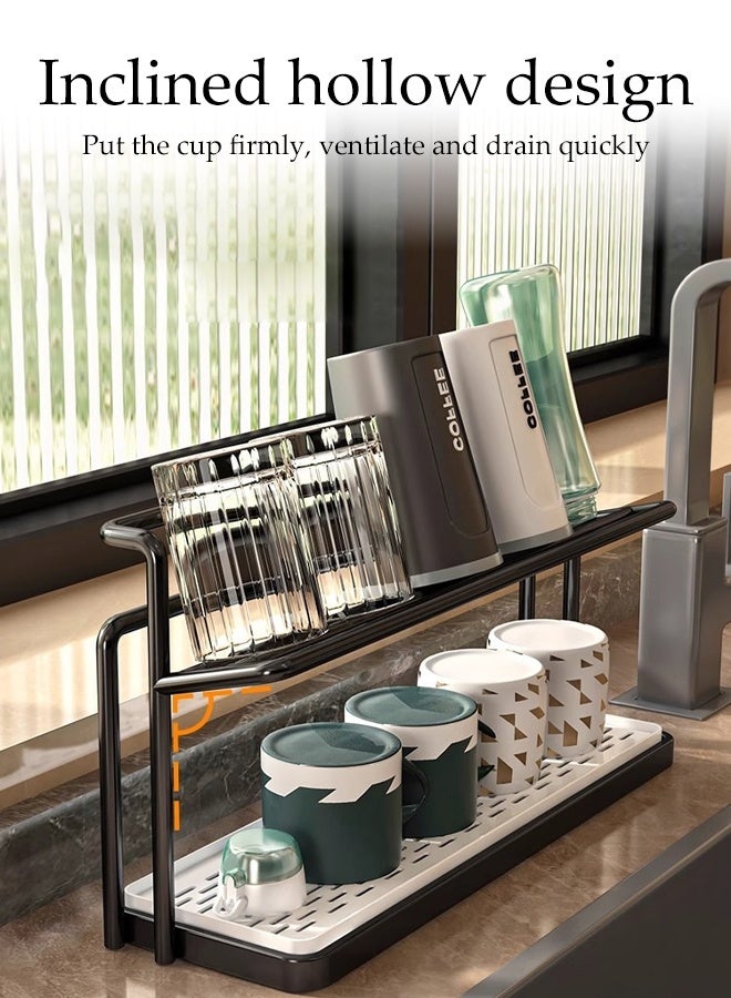 DUNISO رف تخزين الأكواب ذو الطبقتين حامل تجفيف الأكواب مع صينية تصريف قابلة للإزالة رف تخزين متعدد الوظائف محطة بار القهوة منظم سطح الطاولة للمطبخ لصواني المياه وأكواب القهوة والأكواب الزجاجية والأوعية وحامل جرة التوابل - Image 3