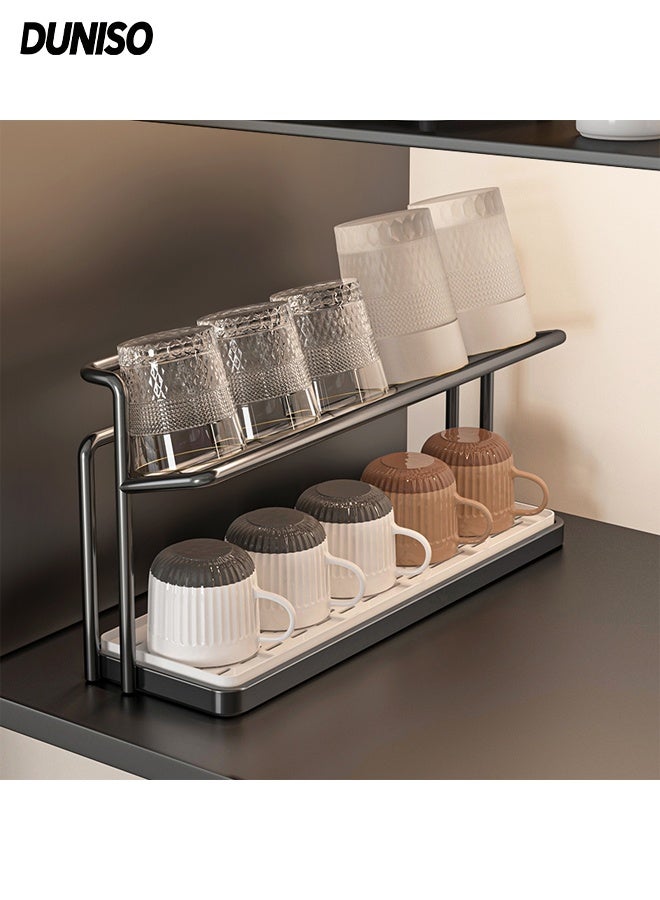 DUNISO رف تخزين الأكواب ذو الطبقتين حامل تجفيف الأكواب مع صينية تصريف قابلة للإزالة رف تخزين متعدد الوظائف محطة بار القهوة منظم سطح الطاولة للمطبخ لصواني المياه وأكواب القهوة والأكواب الزجاجية والأوعية وحامل جرة التوابل - Image 1